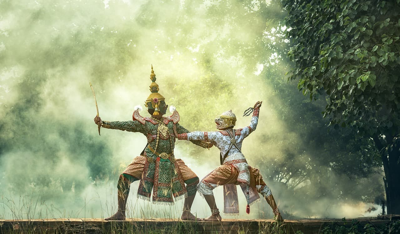 two asian historical creatures fighting